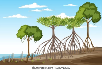 Nature scene with mangrove forest in cartoon style illustration