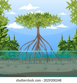 Nature scene with mangrove forest in cartoon style illustration