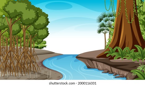 Nature scene with Mangrove forest at daytime in cartoon style illustration