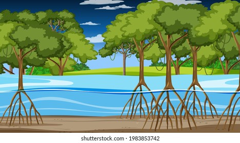 Nature scene with Mangrove forest at night in cartoon style illustration