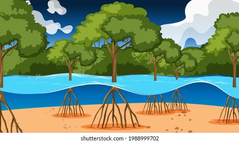 Nature scene with Mangrove forest at night in cartoon style illustration