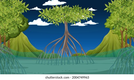 Nature scene with Mangrove forest at night in cartoon style illustration