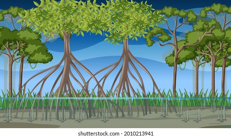 Nature scene with Mangrove forest at night in cartoon style illustration