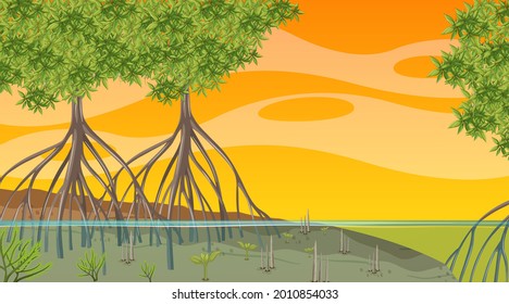 Nature scene with Mangrove forest at sunset time in cartoon style illustration