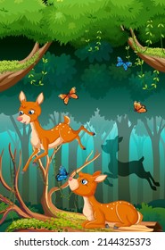 Nature scene with many trees and animals illustration