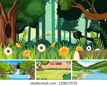 Nature scene with many trees and city illustration