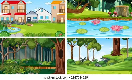 Nature scene with many trees and field illustration