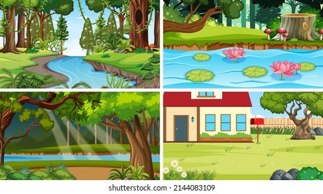 Nature scene with many trees and pond illustration