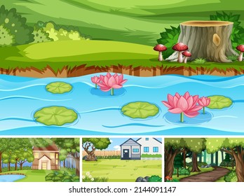 Nature scene with many trees and pond illustration