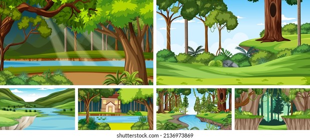 Nature scene with many trees and river illustration