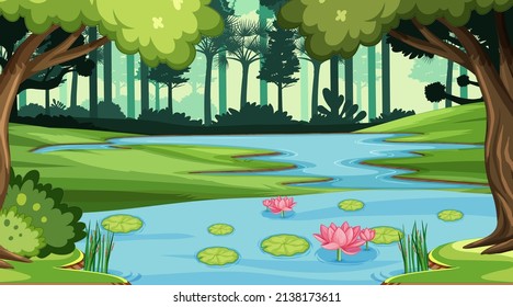 Nature scene with many trees and river illustration
