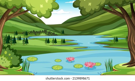 Nature scene with many trees and river illustration