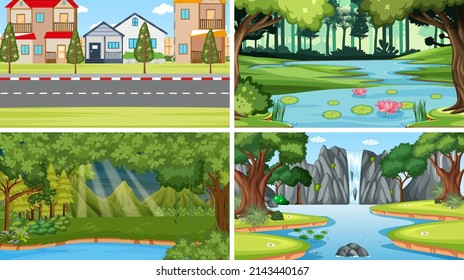 Nature scene with many trees and river illustration