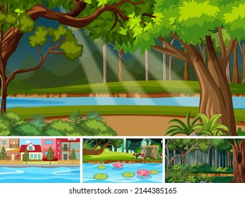 Escenario natural con muchos árboles e ilustración del río