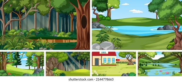 Nature scene with many trees and river illustration