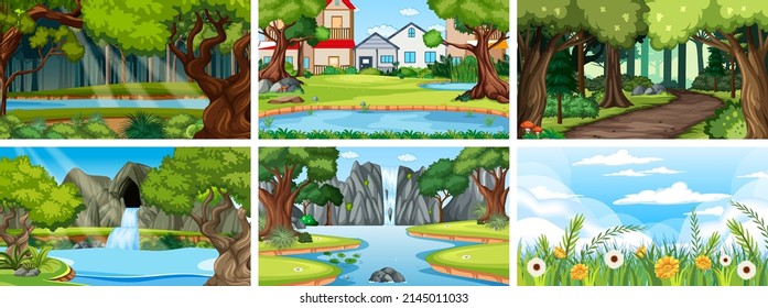Nature scene with many trees and river illustration