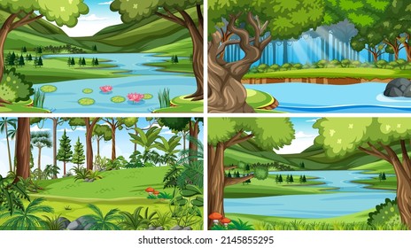 Escenario natural con muchos árboles e ilustración del río