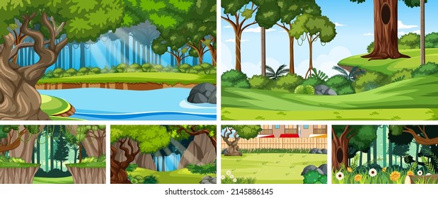 Nature scene with many trees and river illustration