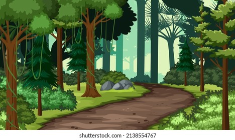 Nature scene with many trees and road illustration