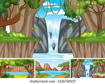 Nature scene with many trees and waterfall illustration