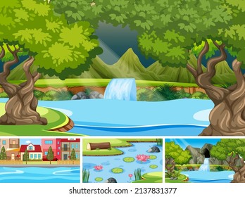 Nature scene with many trees and waterfall illustration