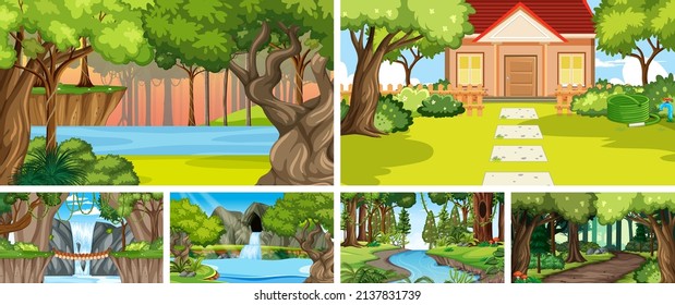 Nature scene with many trees and waterfall illustration