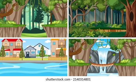 Nature scene with many trees and waterfall illustration