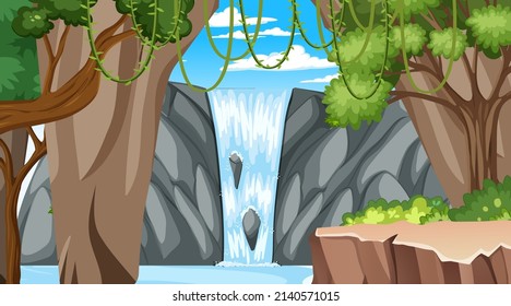 Escenario natural con muchos árboles y cascada