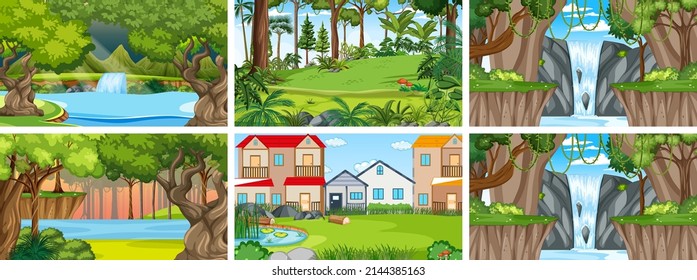 Nature scene with many trees and waterfall illustration