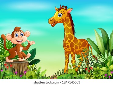 Nature scene with a monkey sitting on tree stump and giraffe