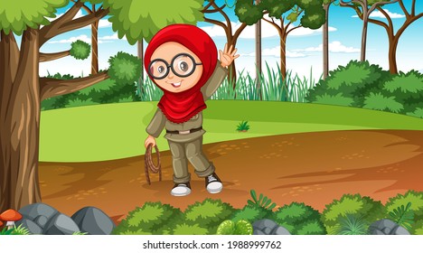 Nature scene with a muslim girl cartoon character exploring in the forest illustration