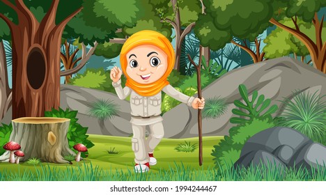 Nature scene with a muslim girl cartoon character exploring in the forest illustration