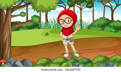 Nature scene with a muslim girl cartoon character exploring in the forest illustration