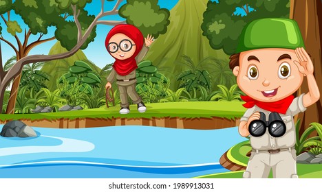 Nature scene with muslim kids exploring in the forest illustration