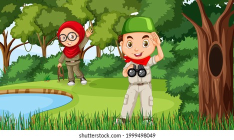 Nature scene with muslim kids exploring in the forest illustration