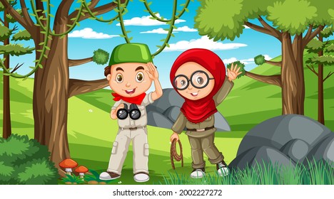 Nature scene with muslim kids exploring in the forest illustration
