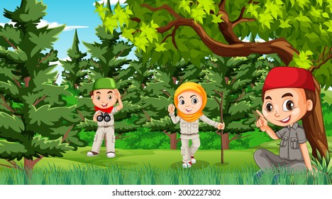 Nature scene with muslim kids exploring in the forest illustration