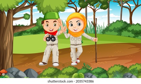 Nature scene with muslim kids exploring in the forest illustration