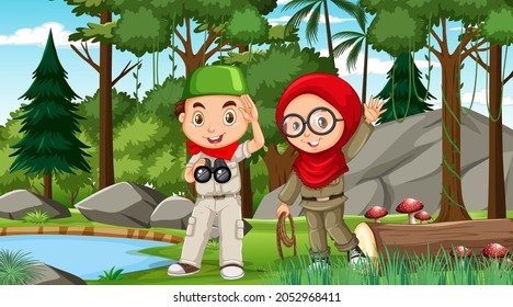 Nature scene with muslim kids exploring in the forest illustration