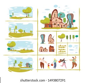 Nature Scene and Natural Elements Trendy Flat Set. Different Houses Collection. Adult People and Children Animated Characters DIY Kit. Cartoon Village or Countryside. Vector Craft Illustration