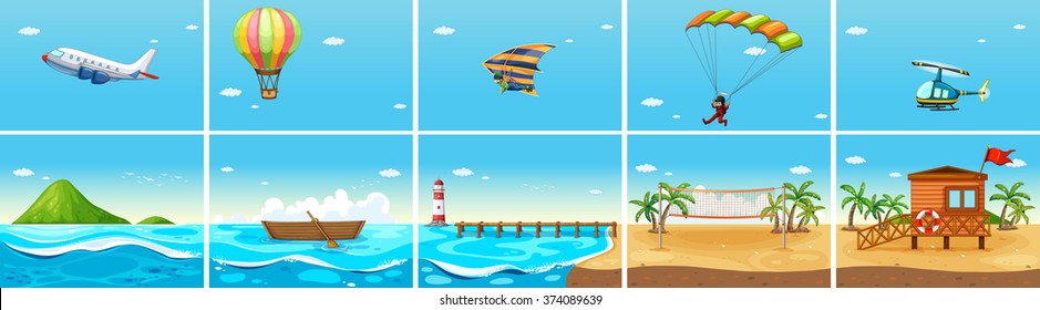 Nature scene with ocean and beach illustration