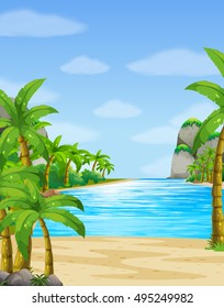 Nature scene with ocean at daytime illustration