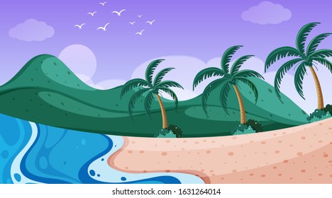 Nature scene with ocean with trees on the hills illustration
