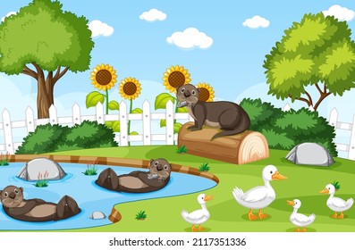 Nature scene with otters and ducks illustration