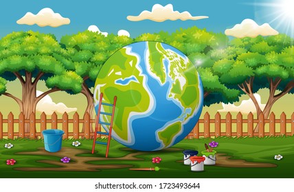 Nature scene with a painted globe