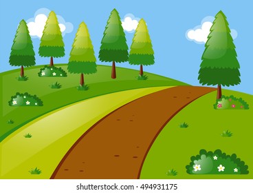 Nature scene with pine trees in park illustration