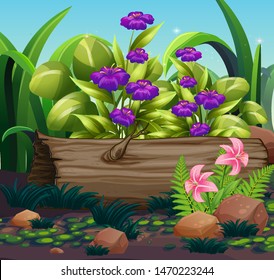 Nature scene with purple flowers in garden illustration