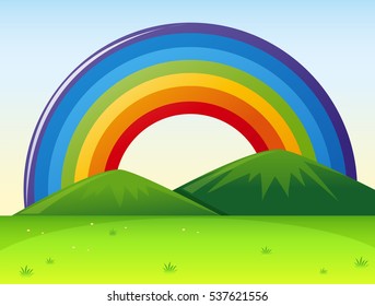 Nature scene with rainbow over the hills illustration