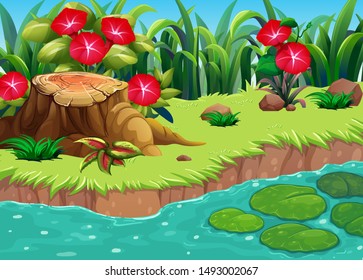 Nature scene with red flowers by the river illustration