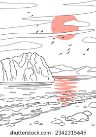 Nature scene with red sun, monochrome mountains, waves, clouds and flying birds. Serenity landscape in line art style. Vector minimalistic illustration.